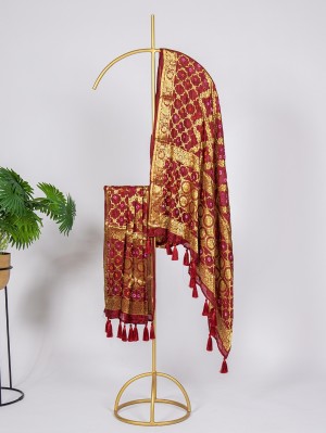Original Pink-Golden Bandhani Dupatta With Zari Weaving